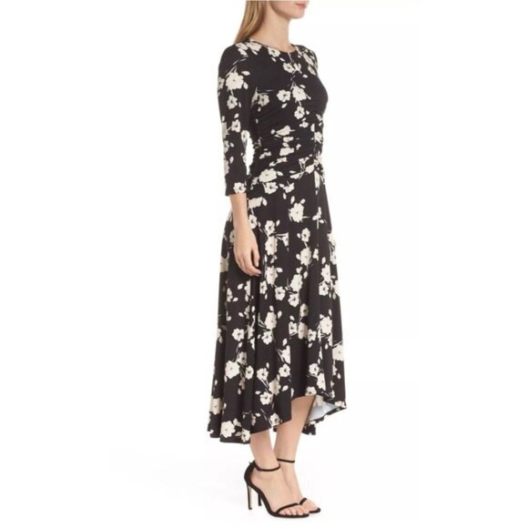 Maggy London Midi Dress 14 Black Pink Ivory Floral Ruched 3/4 Long Sleeve NEW - Picture 5 of 16